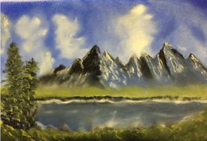 Drawing of a landscape with mountains and a lake